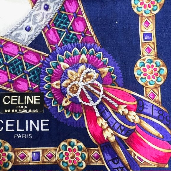 New Celine Paris Mini Scarf cotton/silk 20" beige blue horse bow logo (62) - Picture 4 of 10